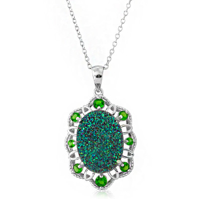 Peacock Green Glitter Quartz Silver Necklace