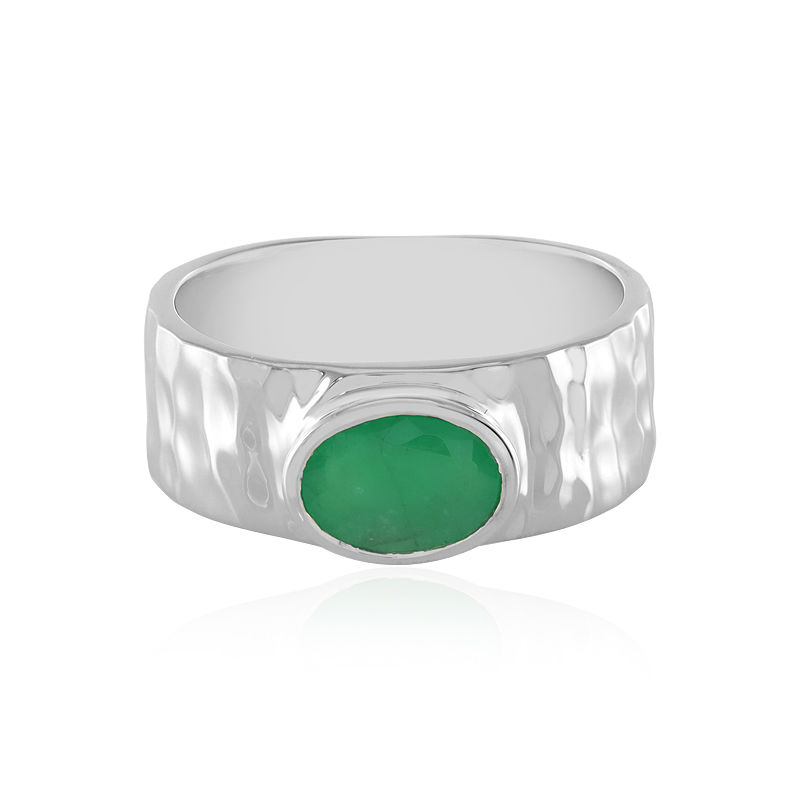 Platinum plated cz open ring with oval emerald green stone -