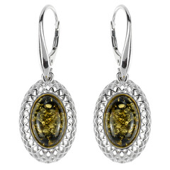 Green Amber Silver Earrings