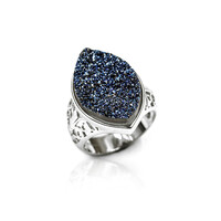 Cobalt Blue Glitter Quartz Silver Ring