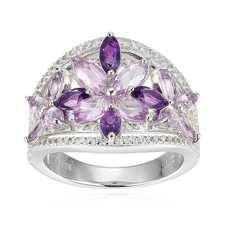 Sterling Silver Dome Ring With Genuine African Amethyst, Amethyst & White Topaz – Cluster Gemstone Band