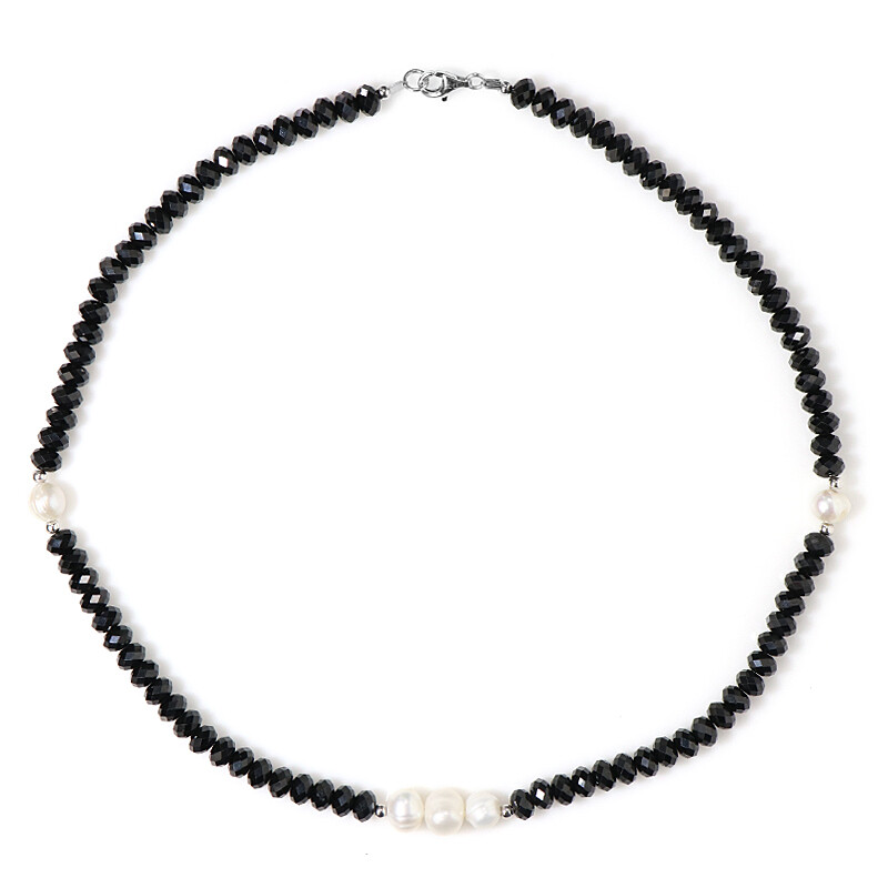 Thai Black Spinel Bead Freshwater Pearl Silver Necklace