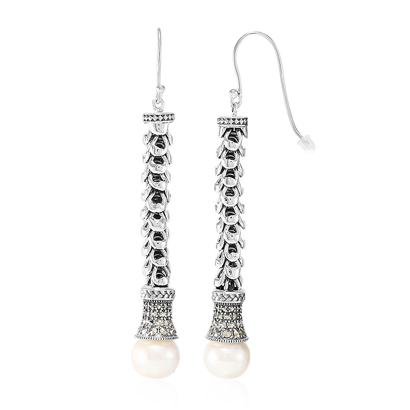 Chinese Freshwater Pearl Marcasite Silver Earrings